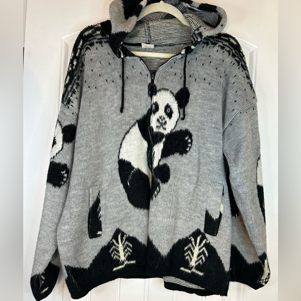 Yari Artesanias Ecuador Wool Knit Fullzip Hooded Sweater Panda Bear  Women’s L